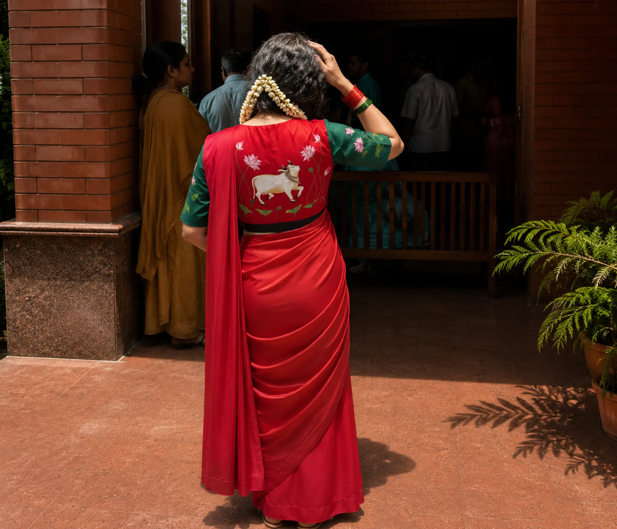 Hand Painted Lotus & Sacred Cow Blouse | Artisan-Crafted Designer Blouse for Sarees
